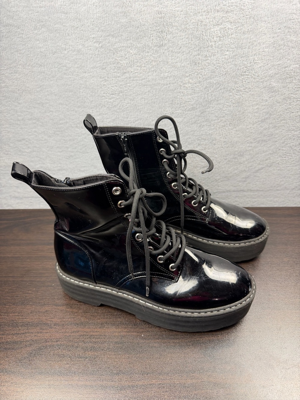 H&M Divided Women’s Combat Boots Black Patent Lace Up Side Zip Size 8.5